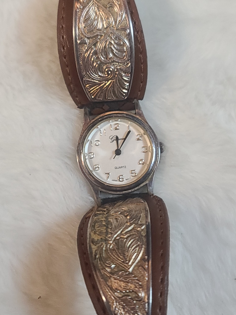 Geneva Floral Embossed Leather Cuff Watch - Brown & Silver